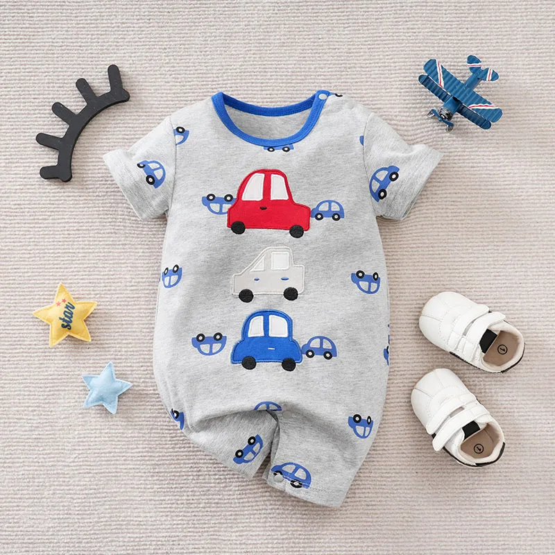 

Summer new design Cartoon car pattern printed Gray short sleeved clothes 100% cotton Comfortable Simple New Style Baby jumpsuit