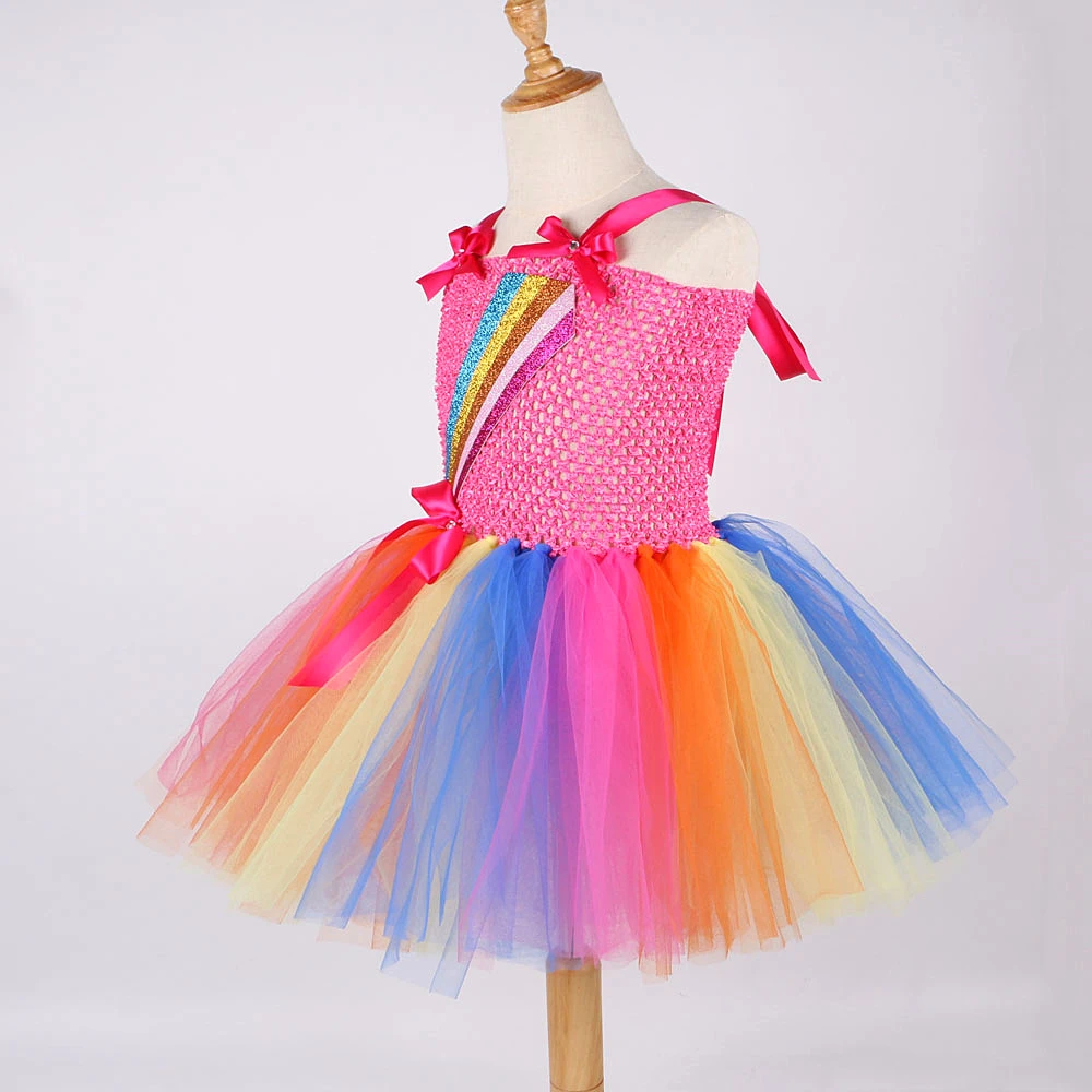 Glittery Rainbow Jojo Siwa Costumes for Girls Christmas Princess Dresses with Bow-tie Hairclip Kids Birthday Ballet Tutus Outfit