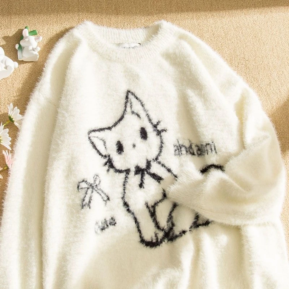 Harajuku اليابانية القوطية البلوز طويلة الأكمام المرأة عادية Y2k الشرير نمط سترة س الرقبة الحلو الكرتون طباعة 2025 الخريف