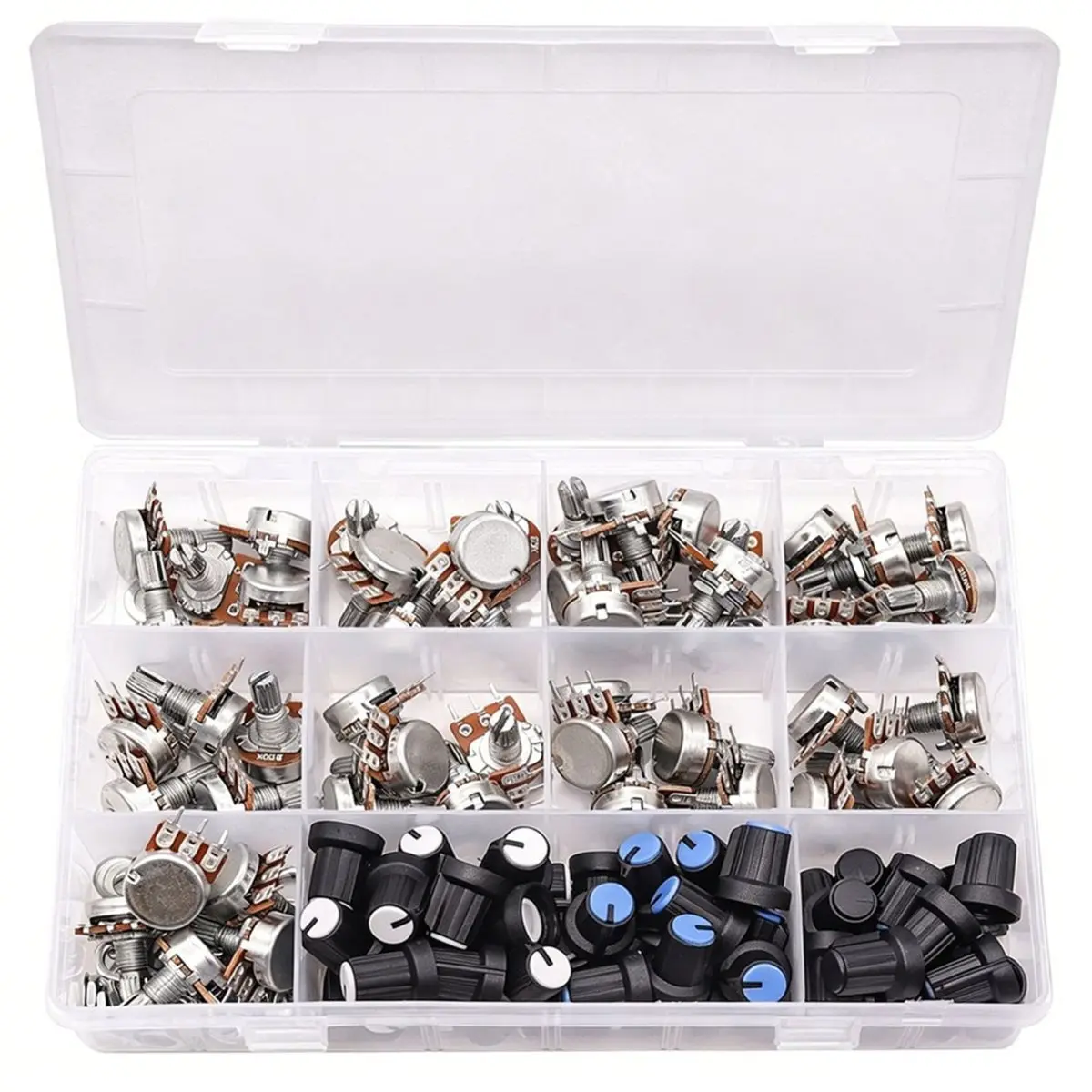 a89x-200個入りポテンショメータキット（回転ノブ付き）、wh148-b1k-5k-10k-20k-50k-100k-250k-500k-1mオームポテンショメータシングルリニア