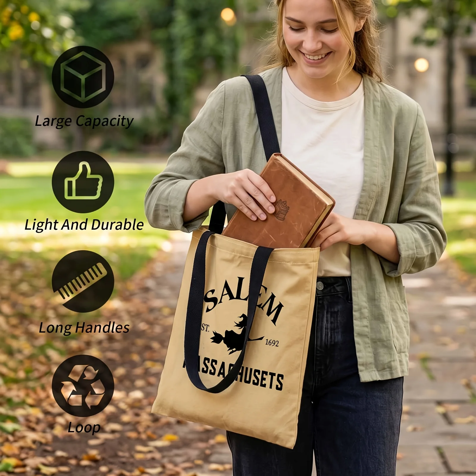 2D Printed Handbag with Salem Witch Flying High Pattern, Reusable Fashion Shoulder Bag Shopping Tote Bag Suitable for Shopping O
