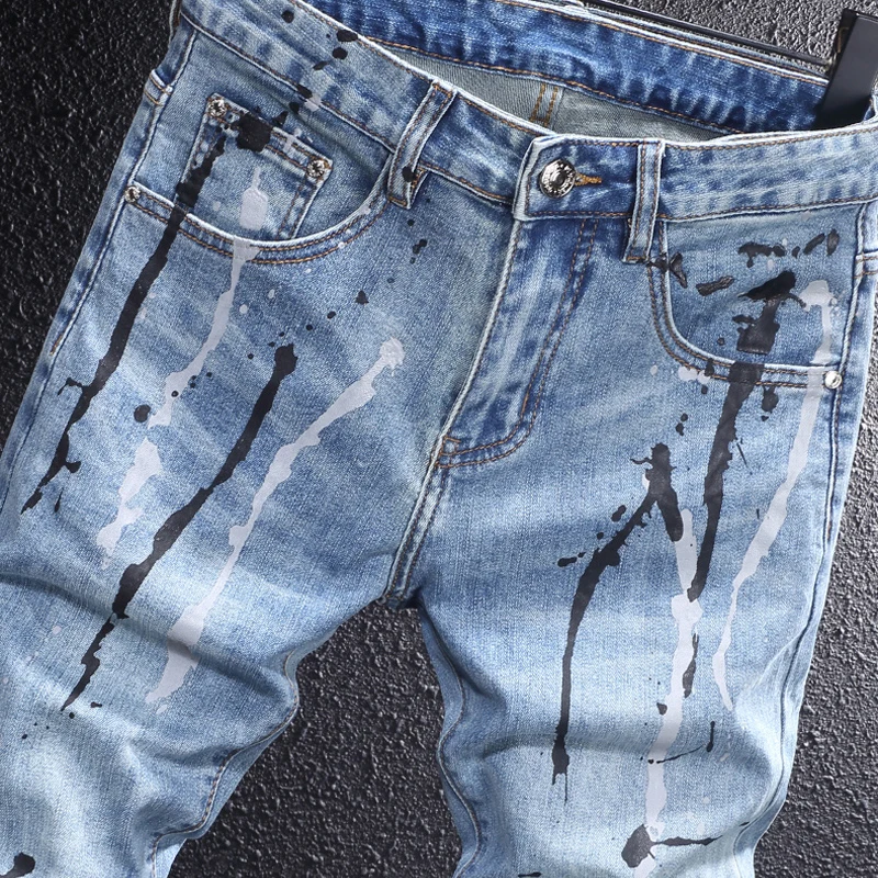 Street Fashion Men Jeans Retro Blue Stretch Slim Fit Ripped Jeans Men Painted Designer Y2K Hip Hop Vintage Denim Pants Hombre