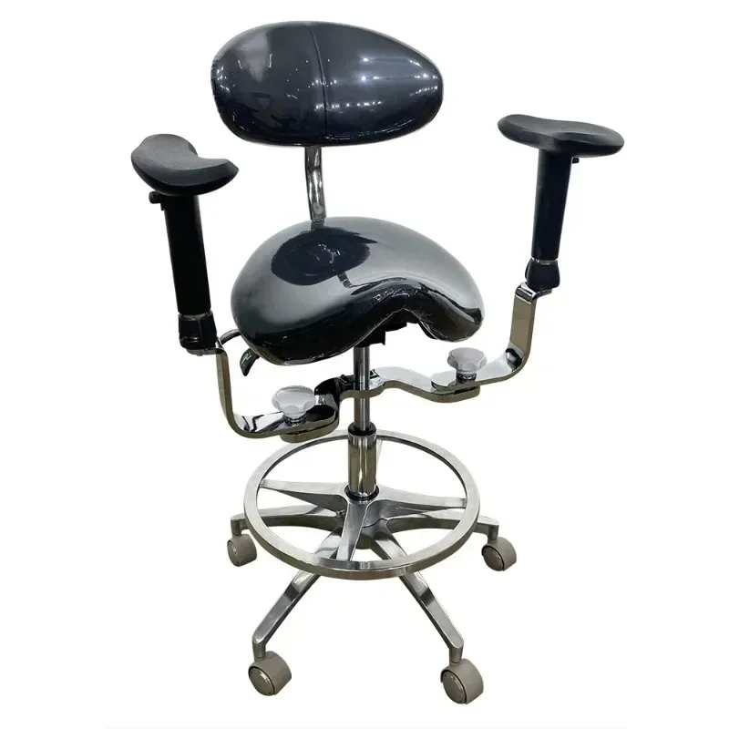 Dental equipment conforms to ergonomics. Saddle chair, adjustable armrests, leg pads, silent wheels, high quality