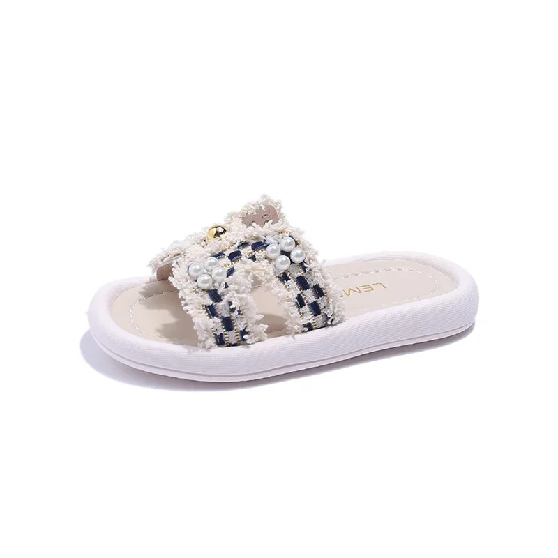 Girls Slippers Summer Kids Chic Checkered Princess Sandals with Simple Pearl Sweet Fashion Elegant Slippers for Children Outdoor