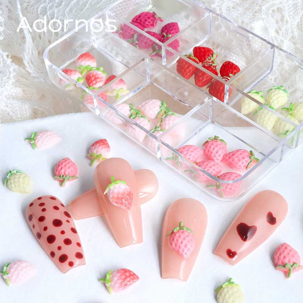 30pcs Mini Cartoon Strawberry Nail Art Accessories Flatback Strawberry Figurines With Seed Detailing Summer DIY Nails Decoration