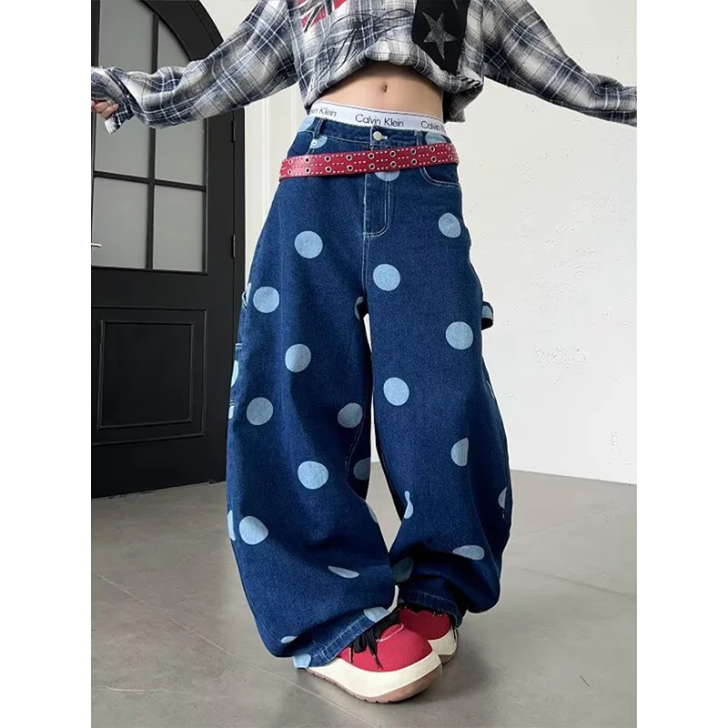 Fashion Women's Wide Leg Denim Pants Low Waist Dots Print Baggy Jeans Loose Fit Trousers Daily Casual Street Trousers