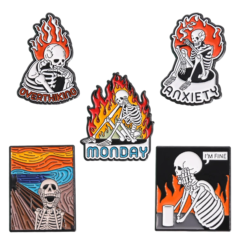 Halloween Fire Skeleton Enamel Pin Overthinking Anxiety I'm Fine Custom Punk Brooches Lapel Badge Bag Jewelry Gift