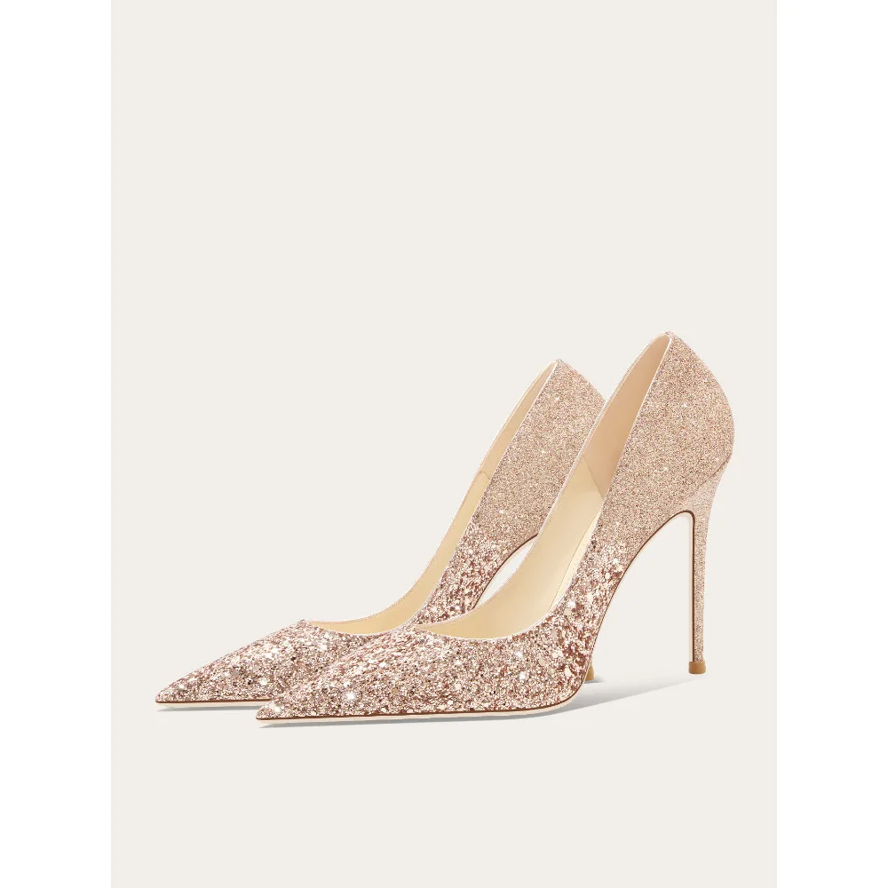 Champagne Sequin Rose Gold High Heels Pointed Toe Wedding Bridal Shoes