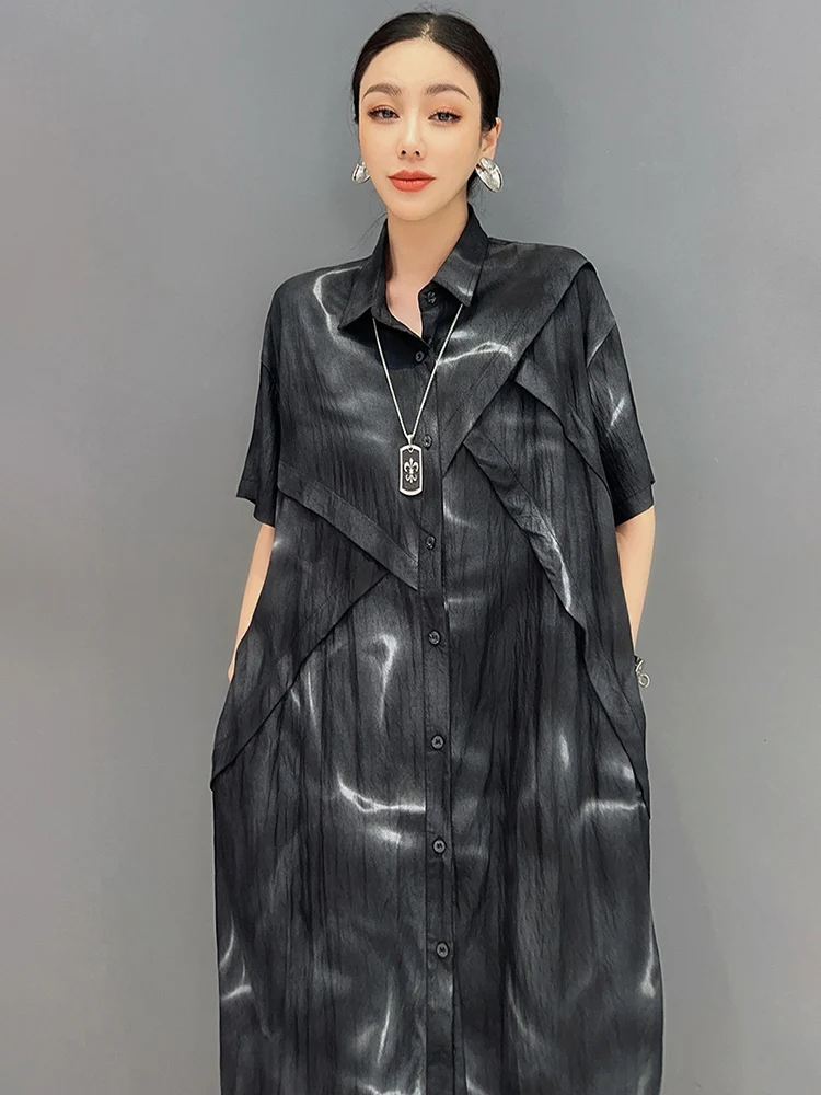 SHENGPALAE Women's Short Sleeve Shirt Dress Printed Splitting Casual Fashion Elegant Robe Female Clothes 2024 Summer New 5R9924