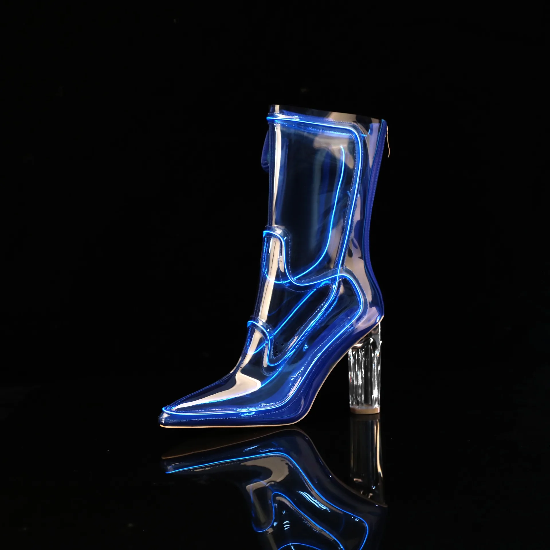 Ladies' Transparent Thick High-Heeled Short Boots for Runway Shows, Stage Banquets, Christmas Night Light Parties, Fashion Boots