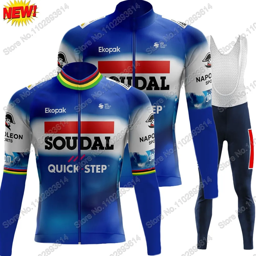 Soudal Quick Step Team Winter 2024 Cycling Jersey Clothing Set Thermal Fleece World Champion Long Sleeve Pants Bib Bike Suit MTB