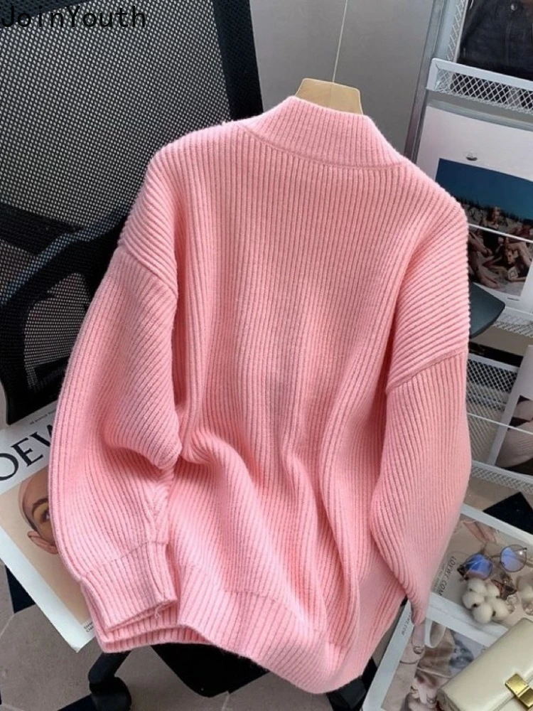 Pink Oversized Cardigan Jackets Fall Winter Clothing Sueter Mujer Preppy Style Korean Pull Femme Knitting Women Sweater Tops