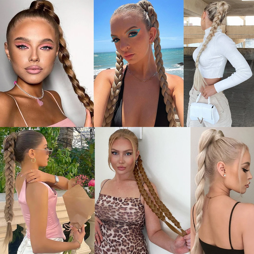 Synthetic Long Braided Ponytail Hairpiece Straight Ponytail for Women Dark brown Blonde Ponytail Hair Extension 34 inch