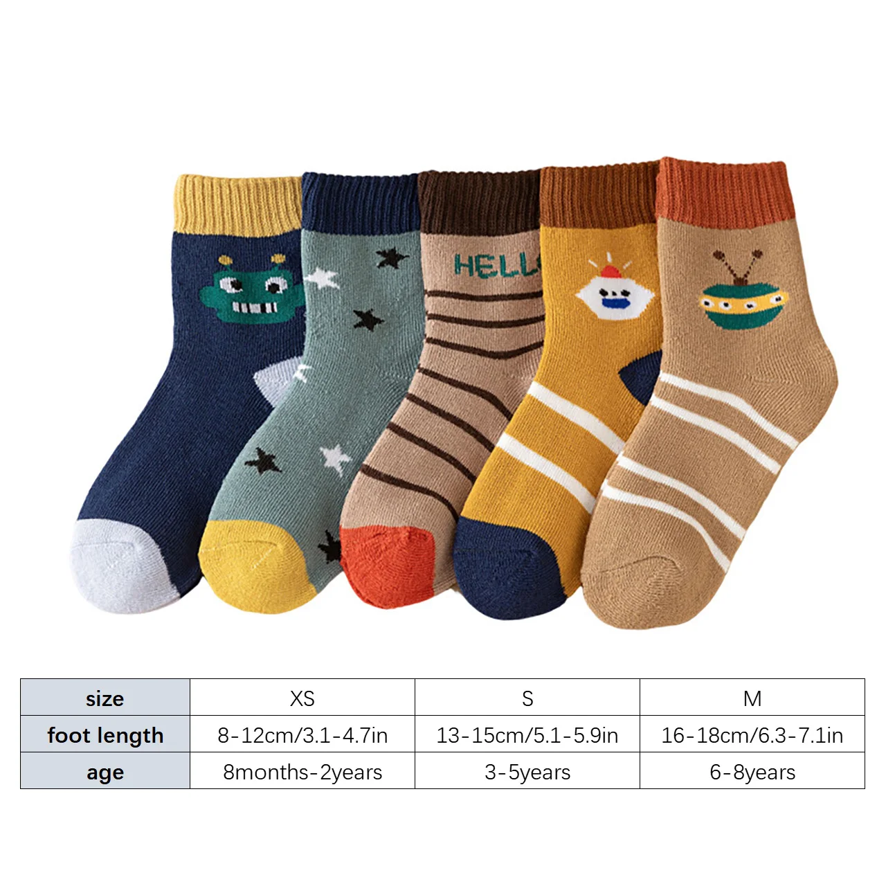 5 Paar dicke warme Socken für Kinder, niedliche Cartoon-Babysocken, mittellange Socken, warme Plüsch-Langsocken für den Winter, thermische Kinderschuhe – Detail 1