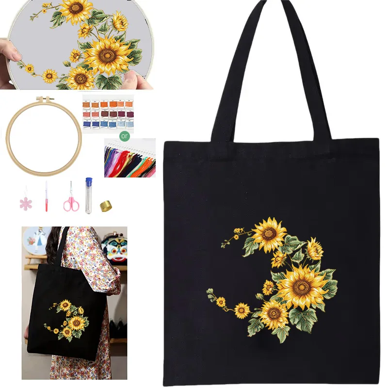 Wunderschönes Sonnenblumen-Taschen-Stickerei-Starter-Kit DIY-Set für Anfänger, zum Basteln, Malen und als Heimdekoration – Detail 3