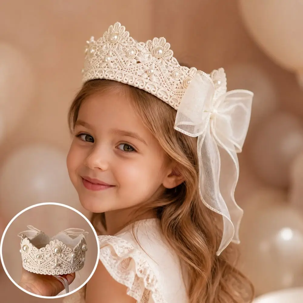 New Crown Shape Baby Crown Headband Mesh Bow Hollow Lace Kids Crown Headpiece Girls Crown Hairband Birthday Party