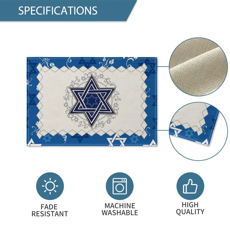 4/6pcs Jewish style Linen Placemats for Dining Table Kitchen Accessories Rustic Vintage Washable Table Mats Party Decorations