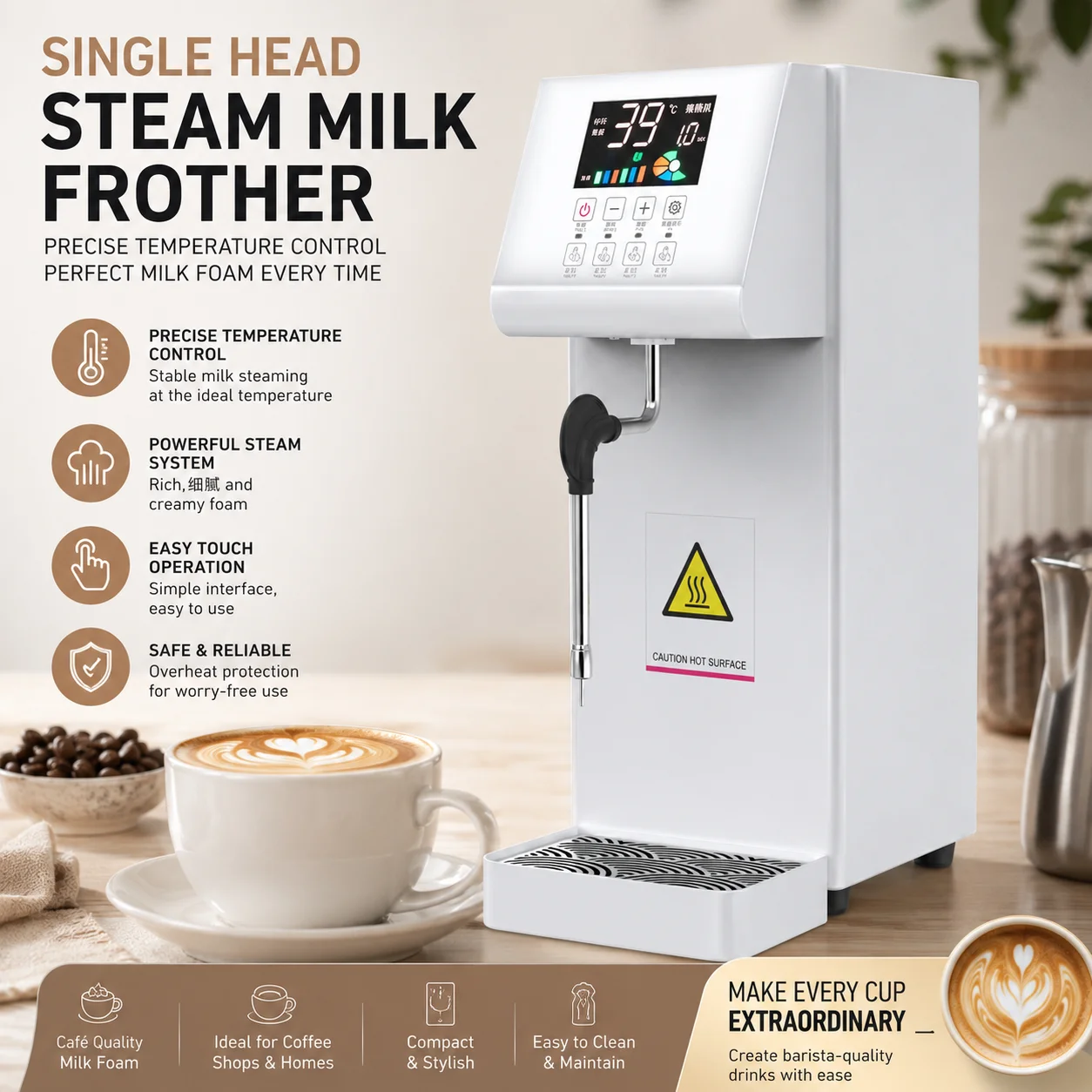 Commercial Automatic Bubble Steamer Milk Frother Fully Single Head Steam Milk Foam Machine Coffee Frother