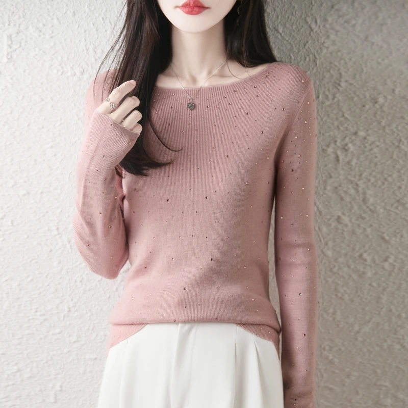 Damski sweter wełniany na jesień/zimę, casualowy, jednolity, z okrągłym dekoltem, dzianinowy top, wyszczuplający, dopasowany sweter z aplikacją z diamentami.