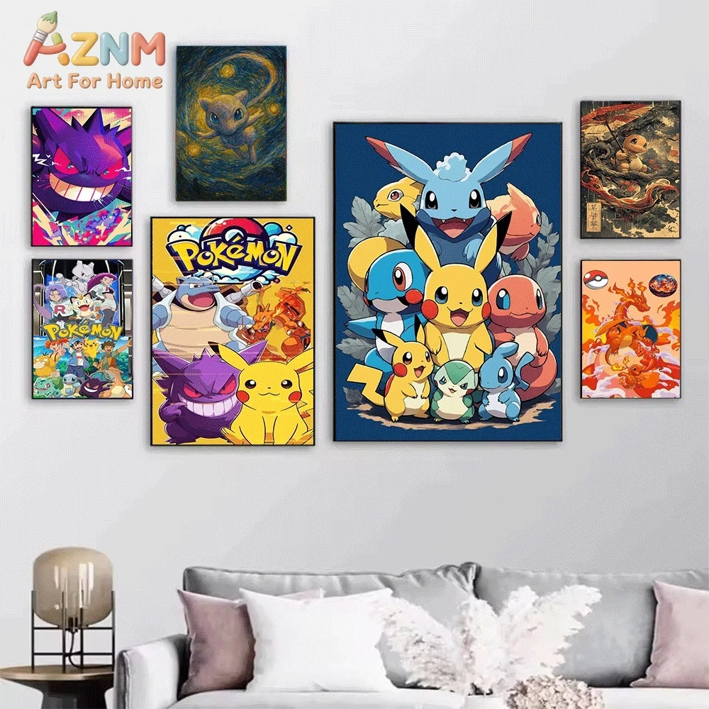 Anime Pokemon Charizard Fire‑type Canvas Wall Art, Fiery Flying Pocket Monster Cartoon Frameless Canvas Painting for Kids Bedr