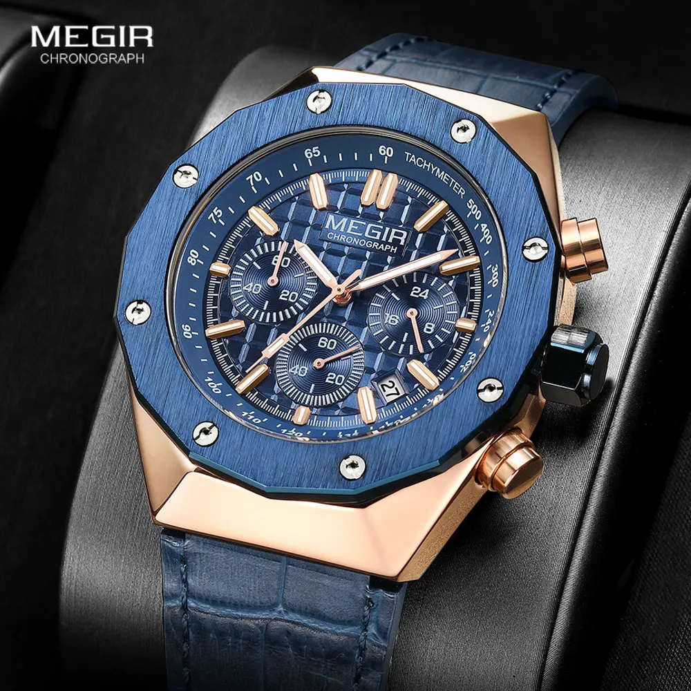 MEGIR Fashion Dress Watch Men Stainless Steel Strap Waterproof Quartz Wristwatch with Chronograph Auto Date Luminous Hands 2213