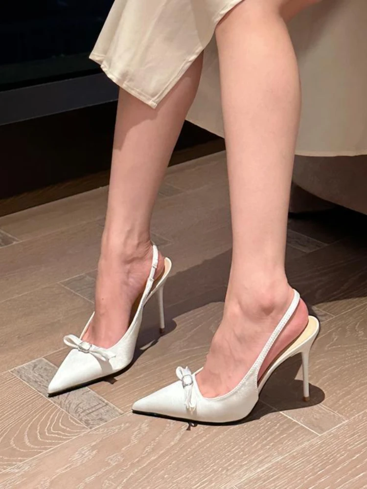 

Pure Color Sexy Sandals Women 2024 Summer High-heeled Stiletto Shoes Female Pointy Diamond-bow French Temperament Single Shoes