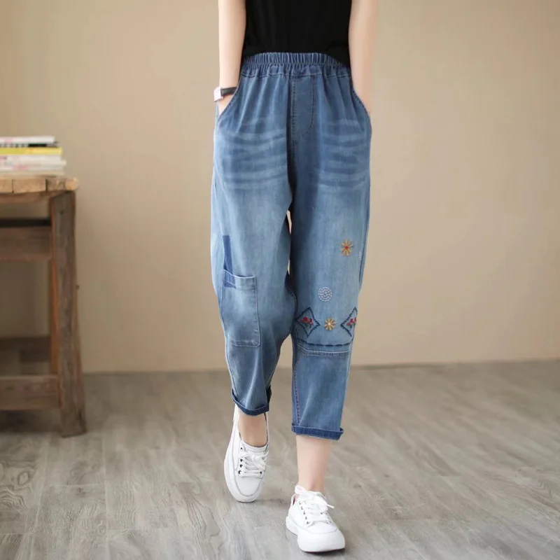 

Arts Style Women Capris Jeans Summer New Embroidery High Waist Baggy Jeans Casual Loose Harem Denim Pants Women's Breeches