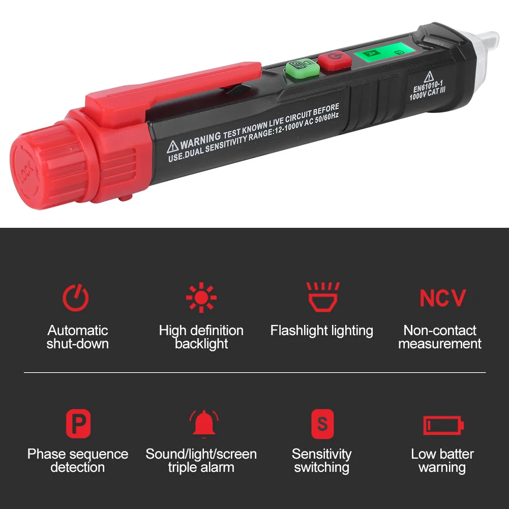 HT100P Бесконтактный 3-фазный индикатор вращения Детектор напряжения переменного тока Тестер ручки с фонариком Тестер ручки Тестер фазового напряжения