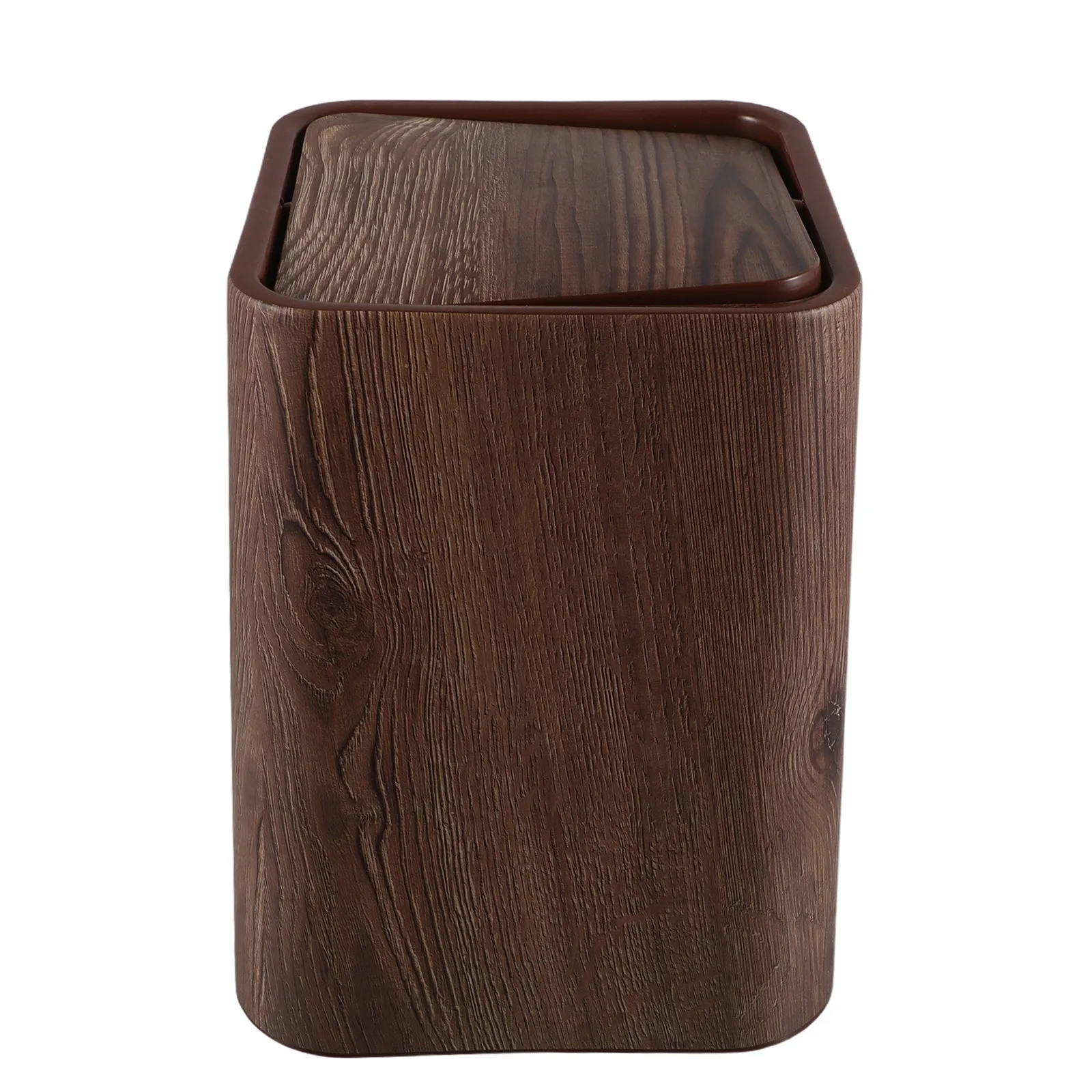 Brown Simulation Wood Trash Can Rectangle Imitation Wood Garbage Bin with Swing Lid for Bedroom Bathroom Kitchen Office