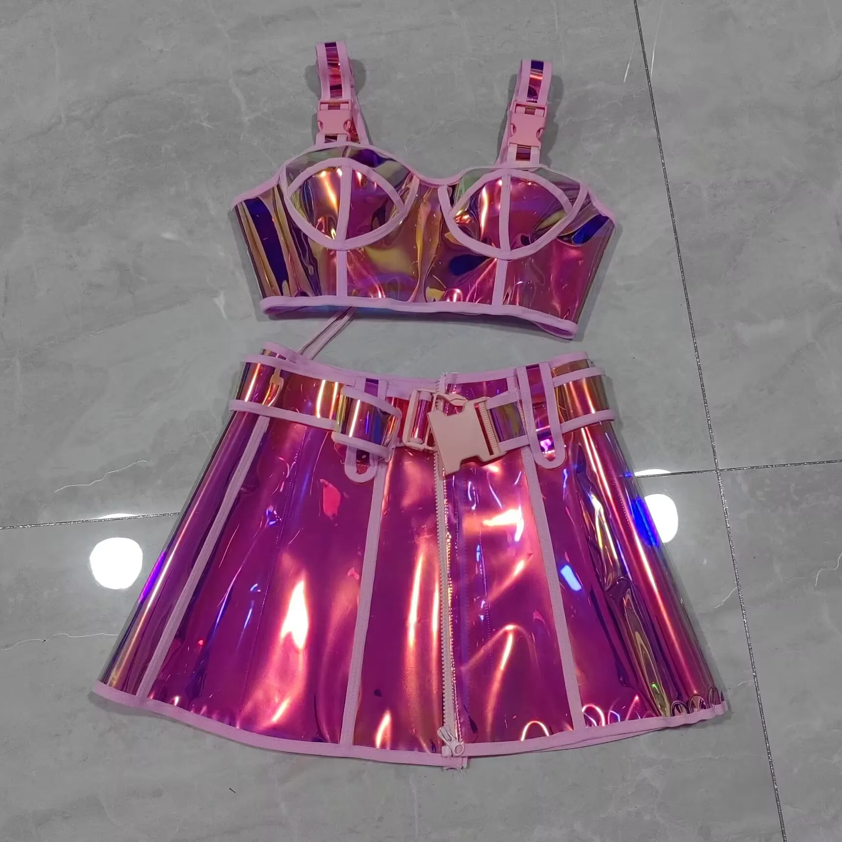 Conjunto de falda y camiseta sin mangas con láser rosa para mujer, traje de fiesta, espectáculo de música, club nocturno, Bar, Rave, DJ, cantante,