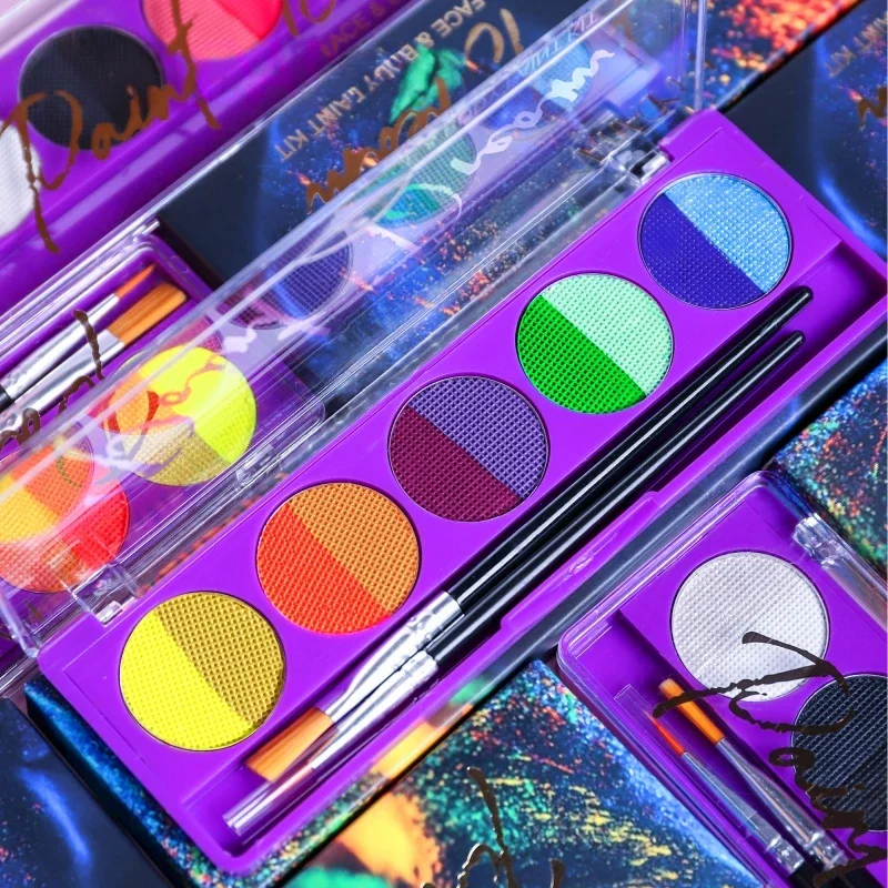 UV 페이스 바디 페인트 형광 메이크업 팔레트 물 활성화 아이 라이너 클럽 파티 2pcs 메이크업 브러쉬 할로윈 Maquiagems
