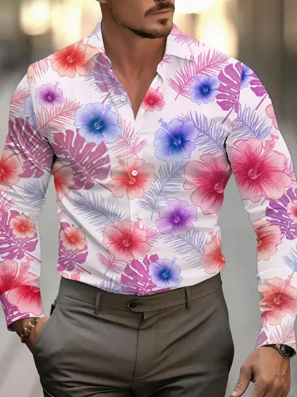Kemeja pria lengan panjang dengan motif hati, kemeja pria pesta sosial berkancing kerah modis, bahan nyaman dan lembut,