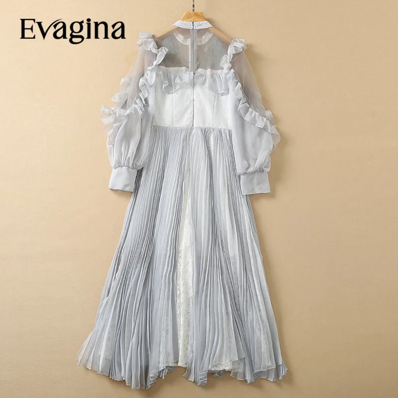 Evagina New Fashion Runway Designer Dress Women's Summer Lrregular Lotus Leaf Long Sleeve Sequin Flower Chiffon Dress