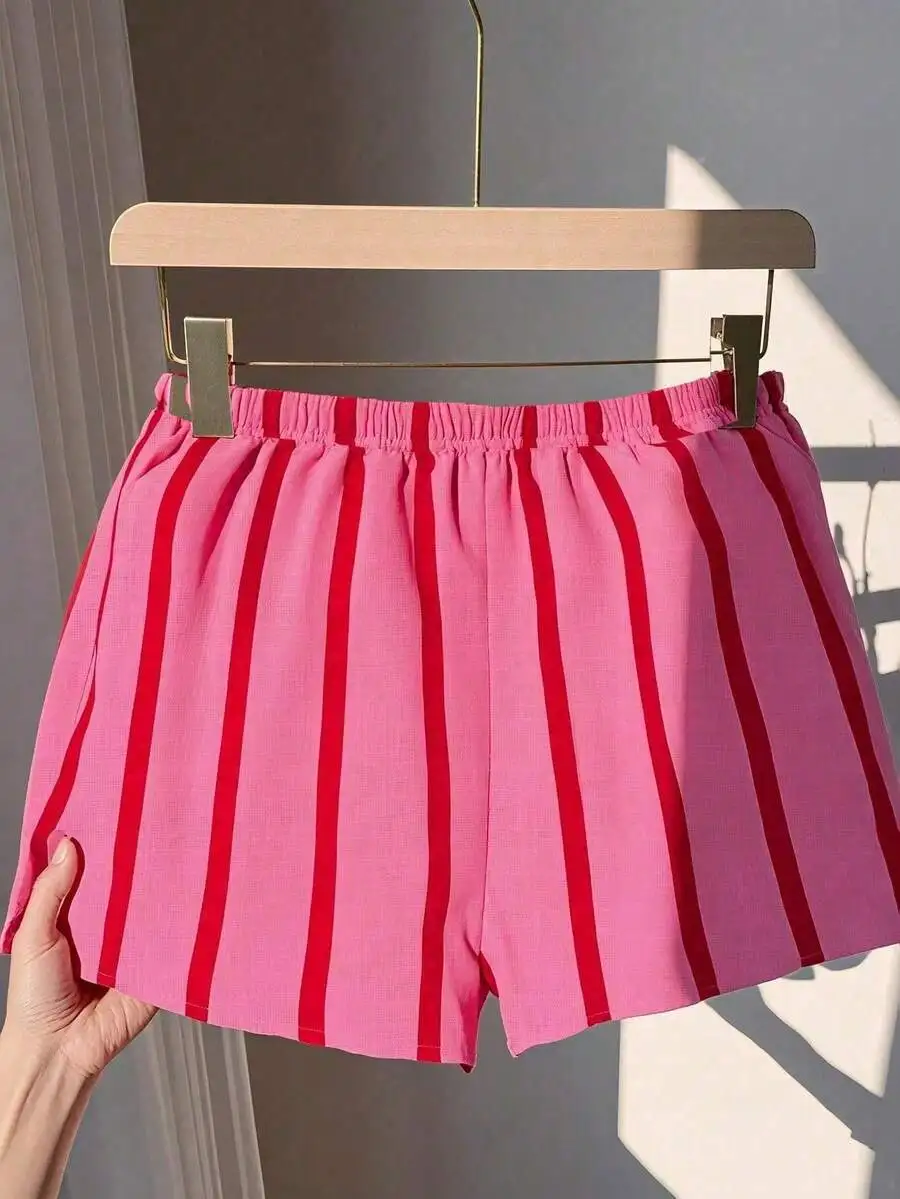 

Women Casual Striped Loose Shorts Elastic Waist Pink Red