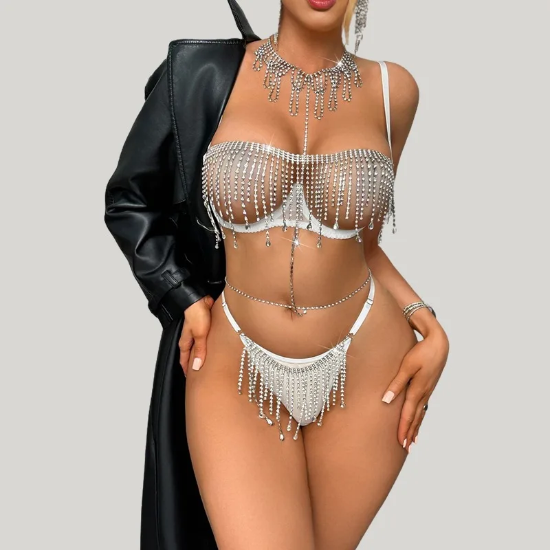 

Toucheart Erotic Lingerie New See-through Water Drop Diamond Sexy Underwear Set Sexy Rhinestone Braand Underwear Three-piece Set