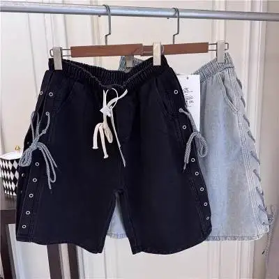 Men Summer Zipper Lace-Up Denim Short American Retro Workwear Denim Elastic Waist Loose Five-point Mid-size Trousers