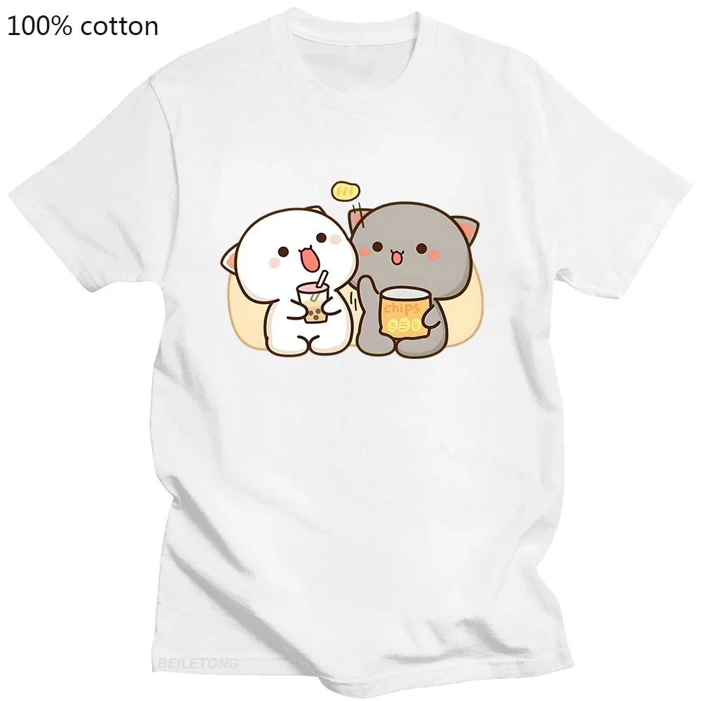 100% Cotton T-shirt Kawaii Mochi Peach Cat Clothing Bubble Tea Graphic Tshirts Casual Summer Tees Camisetas De Muje Short Sleeve