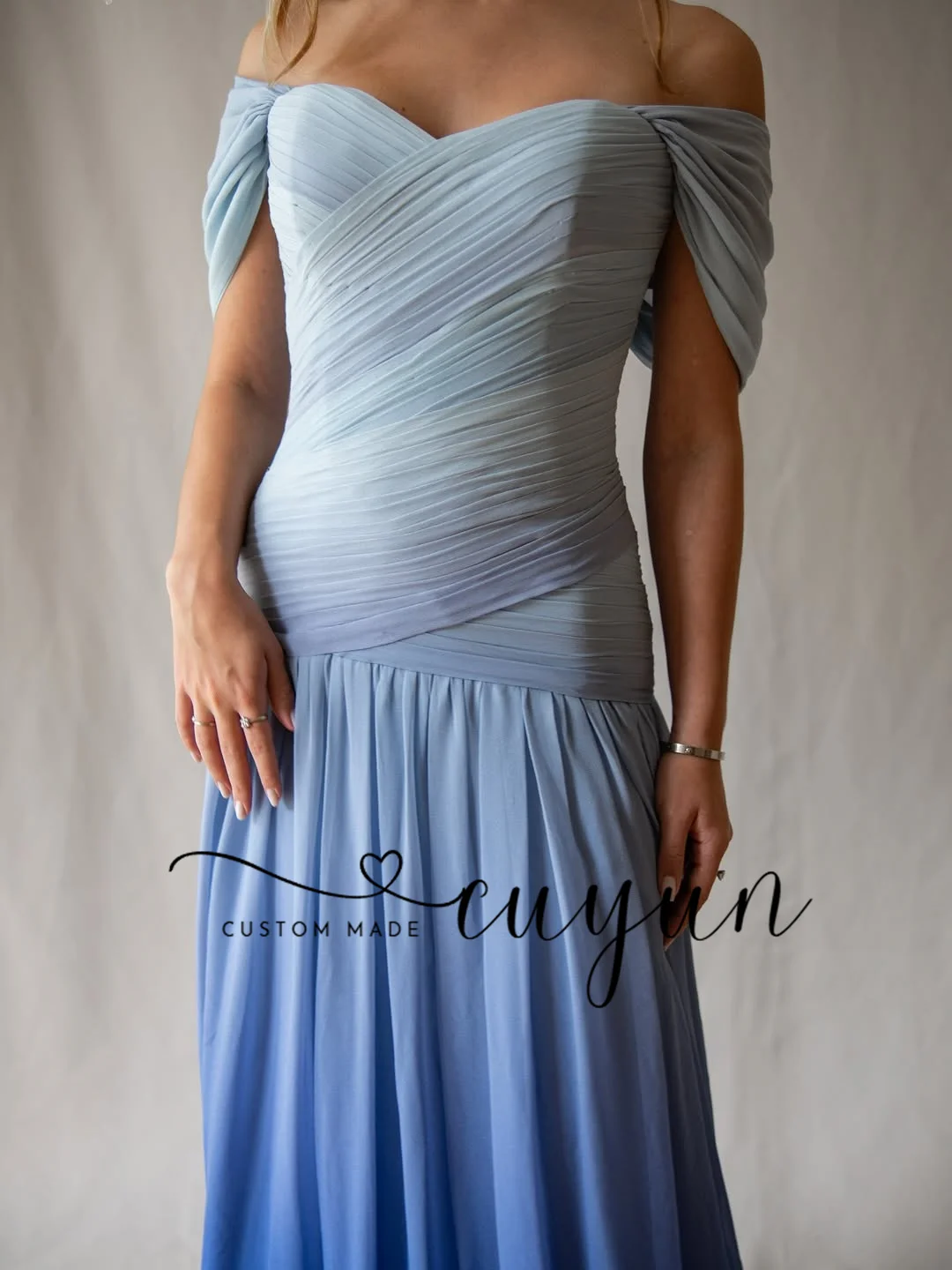 CUYUN Customized Gradient Blue Prom Dresses Off the Shoulder A Line Women Evening Gown Corset Back Wedding Guest Dresses