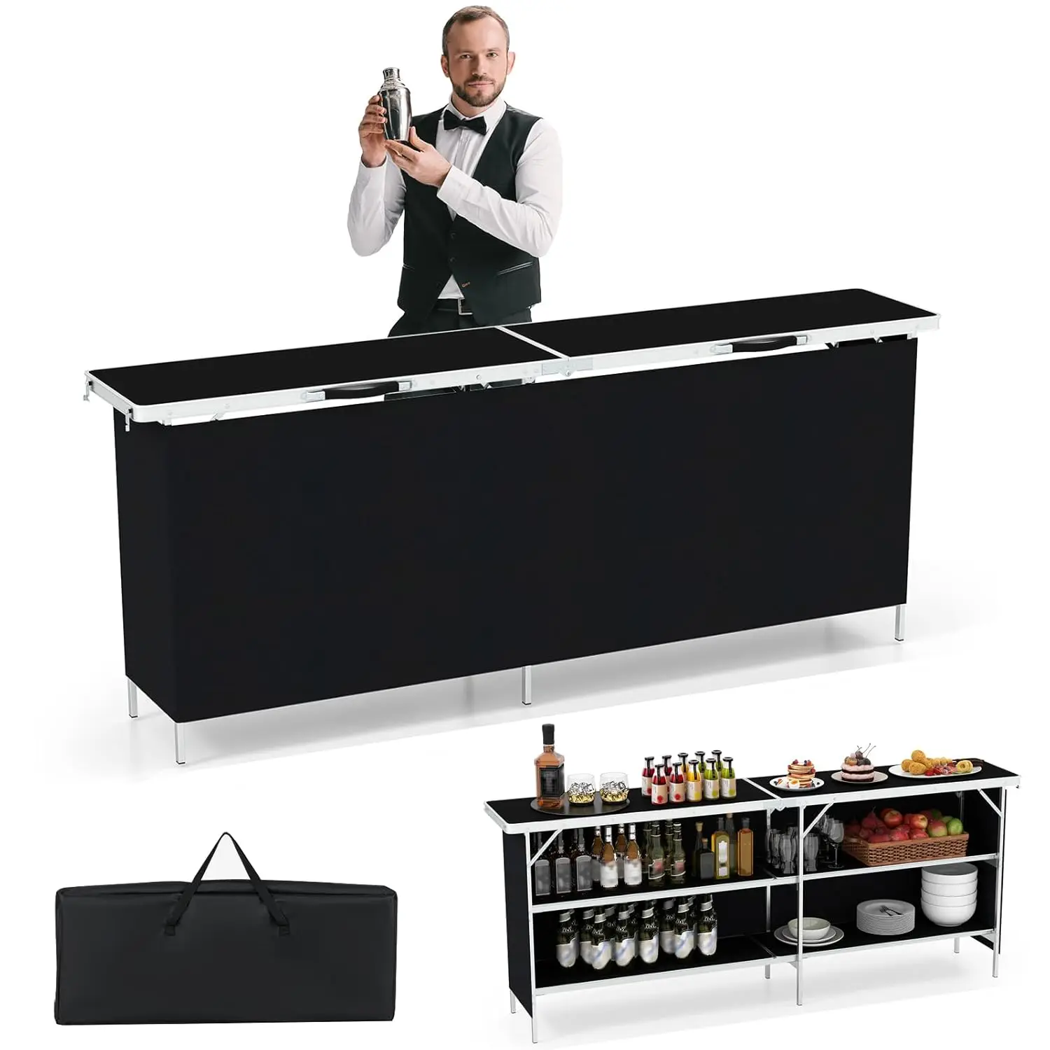 

81" Extra Long Portable Bar Table with 2-Tier Storage Shelves, Folding Mobile Bartending Station with Removable, Customized