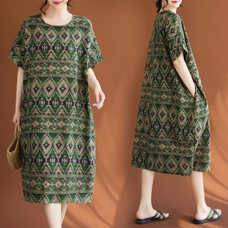 

Casual Cotton Linen Thin Sle plus Size Women's Dr White Enhancing Ethnic Artistic Sle Comfortable Summer Midi Dr