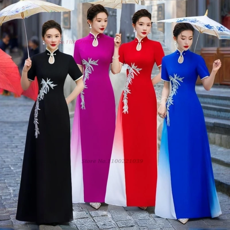 

2025 vietnam traditional dress improved qipao traditional flower embroidery vietnam folk dress retro banquet evening qipao dress