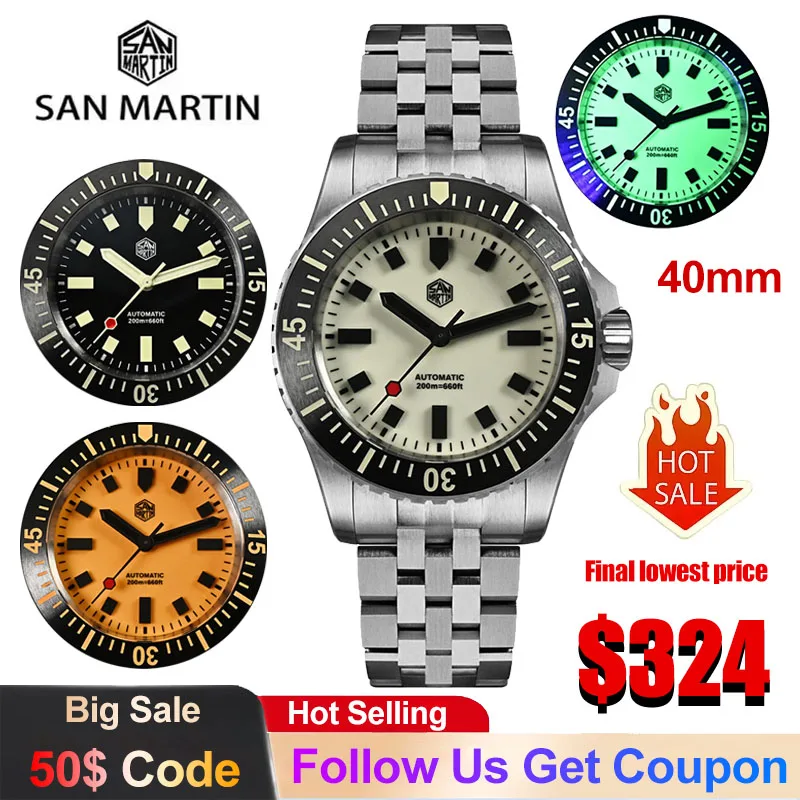 San Martin SN0012 Men's Mechanical Watch ST2130 Automatic 1200HV Hardening Coating Luxury Watches Full Luminous Dial 20Bar Watch
