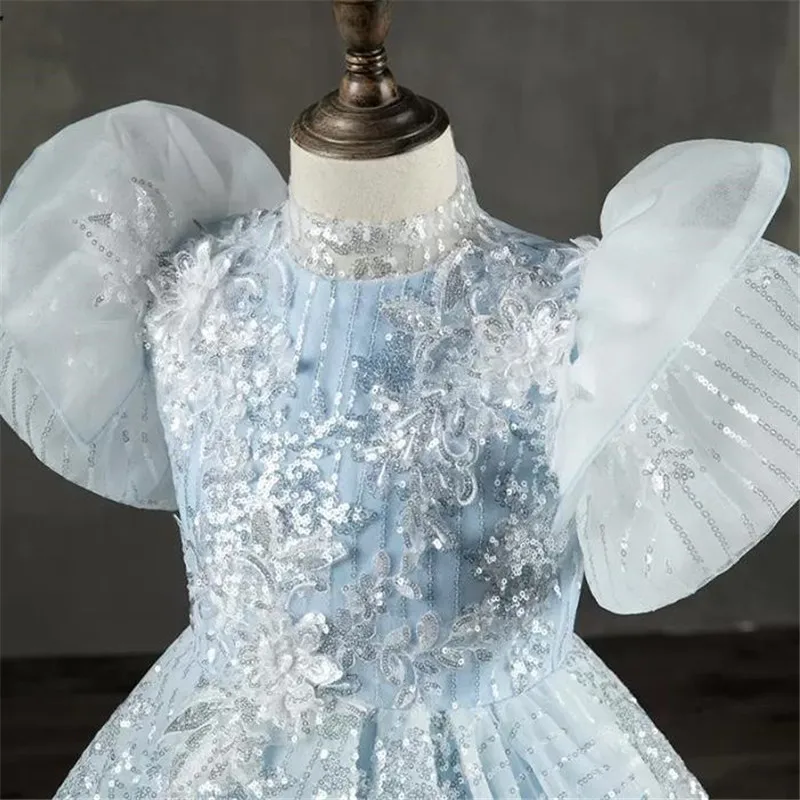 Robe princesse de bal pour filles, tenue de spectacle à fleurs, pour mariage, paillettes, en Tulle, pour fête d'anniversaire