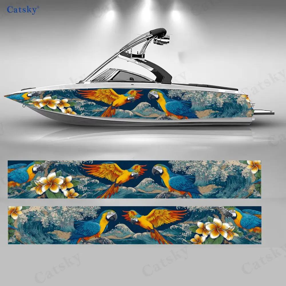 Tropical Style Blue-and-yellow Macaw Boat Sticker, PVC Waterproof Vinyl Wrap Decals for Fishing Boat, Durable and Stylish Design