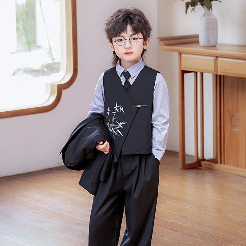 Boys Chinese Bamboo Embroidery Suit Blazer Pants National Style Tuxedo for Chinese New Year Stage Show Wedding Birthday Outfit