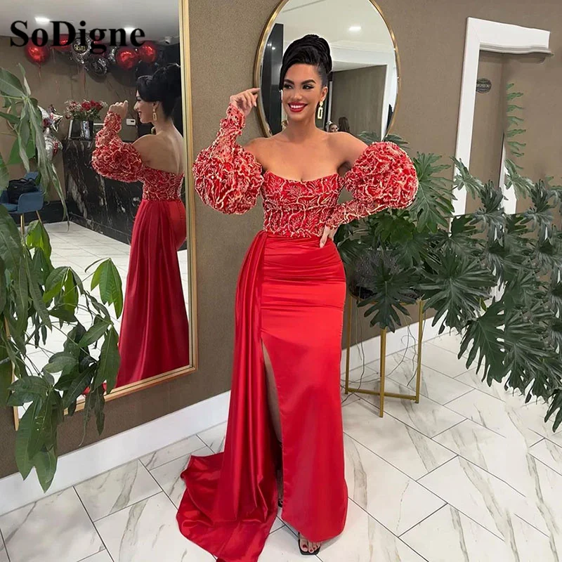

SoDigne Red Split Mermaid Prom Dress Sequins Beads Strapless Puff Long Sleeves Evening Dresses Formal Party Gowns Sexy Outfits