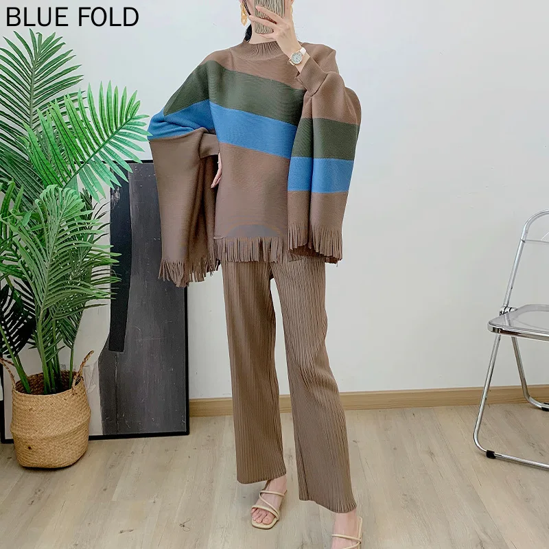 

MIYAKE-Contrast Color Tassel Pleated Shawl Top and Elastic Casual Straight Pants Set, Spring Pressed Pleated 2-Piece Set, New