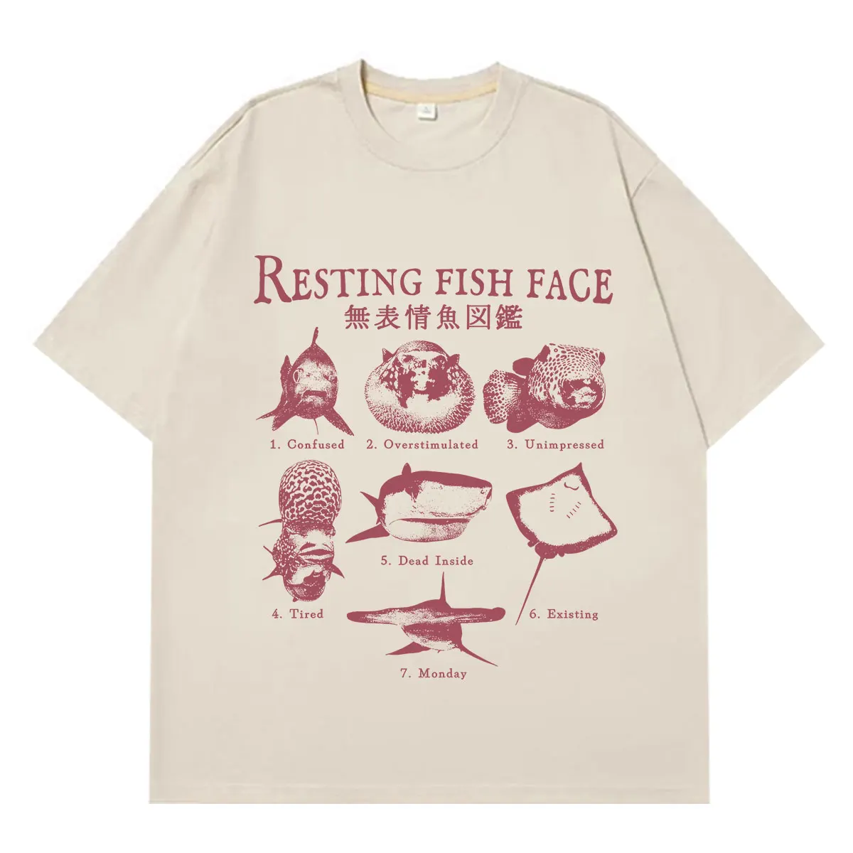 T-shirt humoristique avec motif poisson endormi, style vintage, pour hommes et femmes, en coton, à manches courtes, coupe ample et décontractée, idéal pour l'été