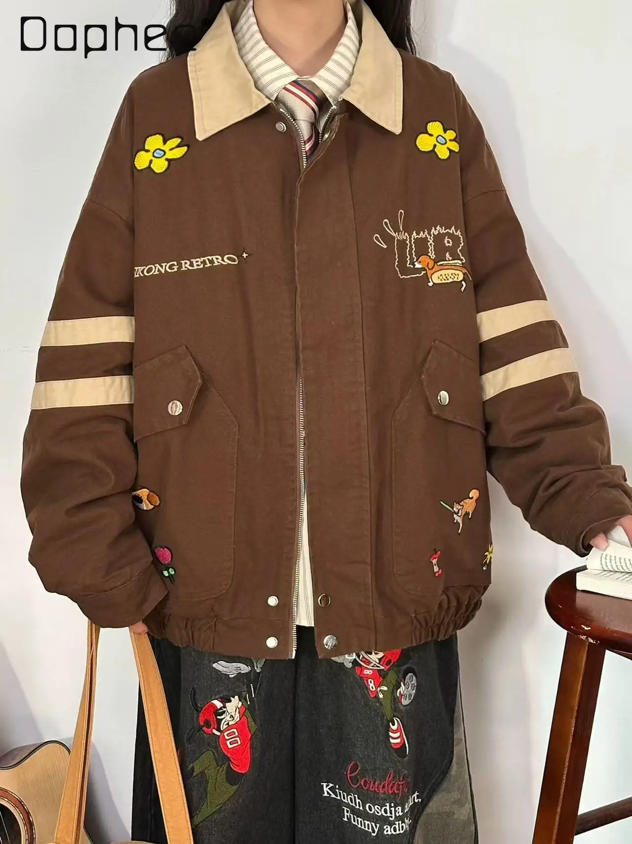 

American Retro Puppy Embroidery Turn-Down Collar Coffee Color Jacket Cotton Coat for Women Winter Thickened Casual Outerwear