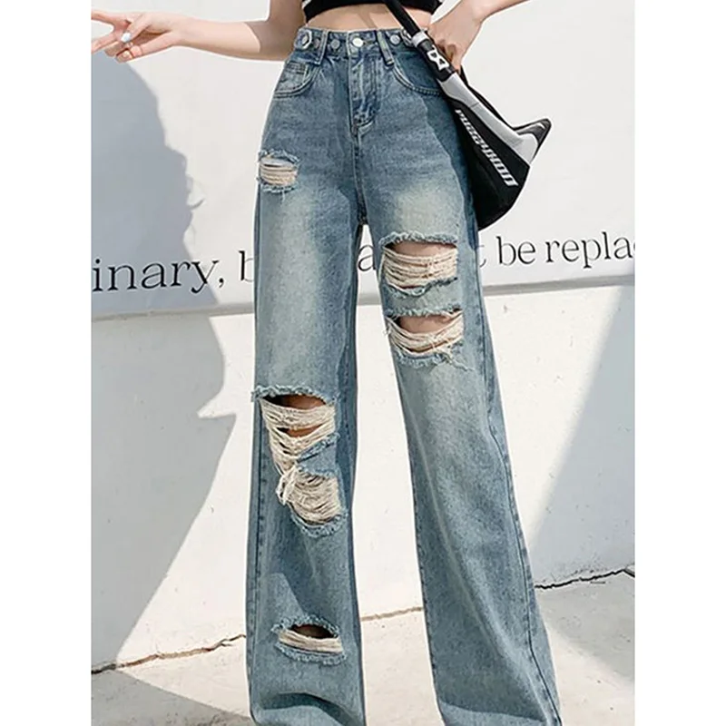 

Korean Blue Ripped Jeans Women Harajuku Y2K Button Pocket Pants Fashion Casual Irregular Chic Female High Waist Denim Trousers